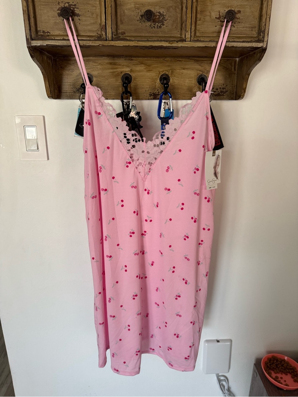 Jessica Simpson Pink Cherry-Print Lace Trim Chemise